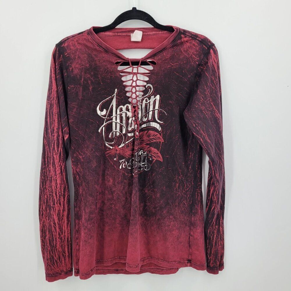 Vtg Affliction Distressed Oxblood Long Sleeve Shirt L Thrashed Ripped Destroyed‎